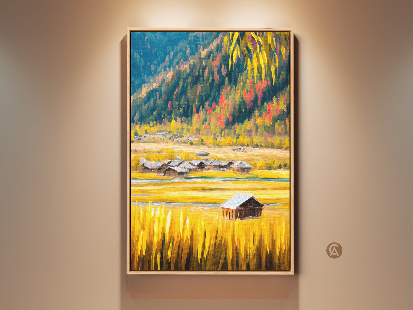 Framed rustic barn landscape canvas print. Golden yellow field and blue mountains create serene farmhouse wall art. Ideal for homeowners seeking country home decor. A lakeside barn reflects in the water beneath autumn trees. This piece adds a touch of impressionist landscape art to any room.