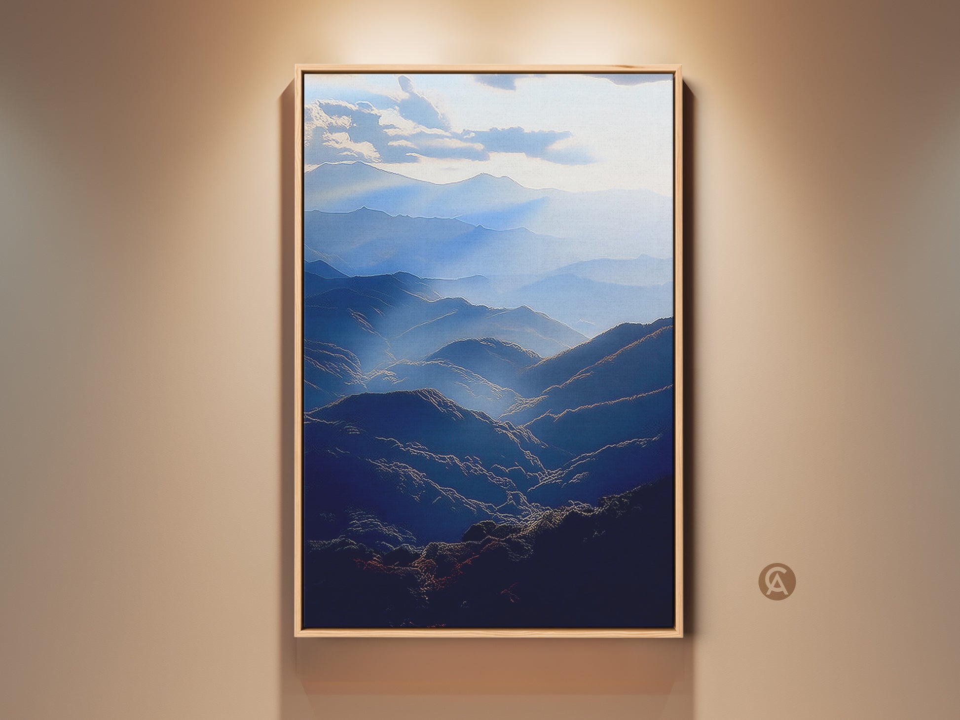 Modern deep blue mountain range canvas art displayed in a frame. This atmospheric landscape wall art brings a serene valley artwork feel to any room. Perfect for bedroom or living room decor. A scenic nature view print that enhances a contemporary home style. An ideal housewarming gift for outdoor enthusiasts.