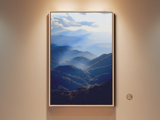 Modern deep blue mountain range canvas art displayed in a frame. This atmospheric landscape wall art brings a serene valley artwork feel to any room. Perfect for bedroom or living room decor. A scenic nature view print that enhances a contemporary home style. An ideal housewarming gift for outdoor enthusiasts.