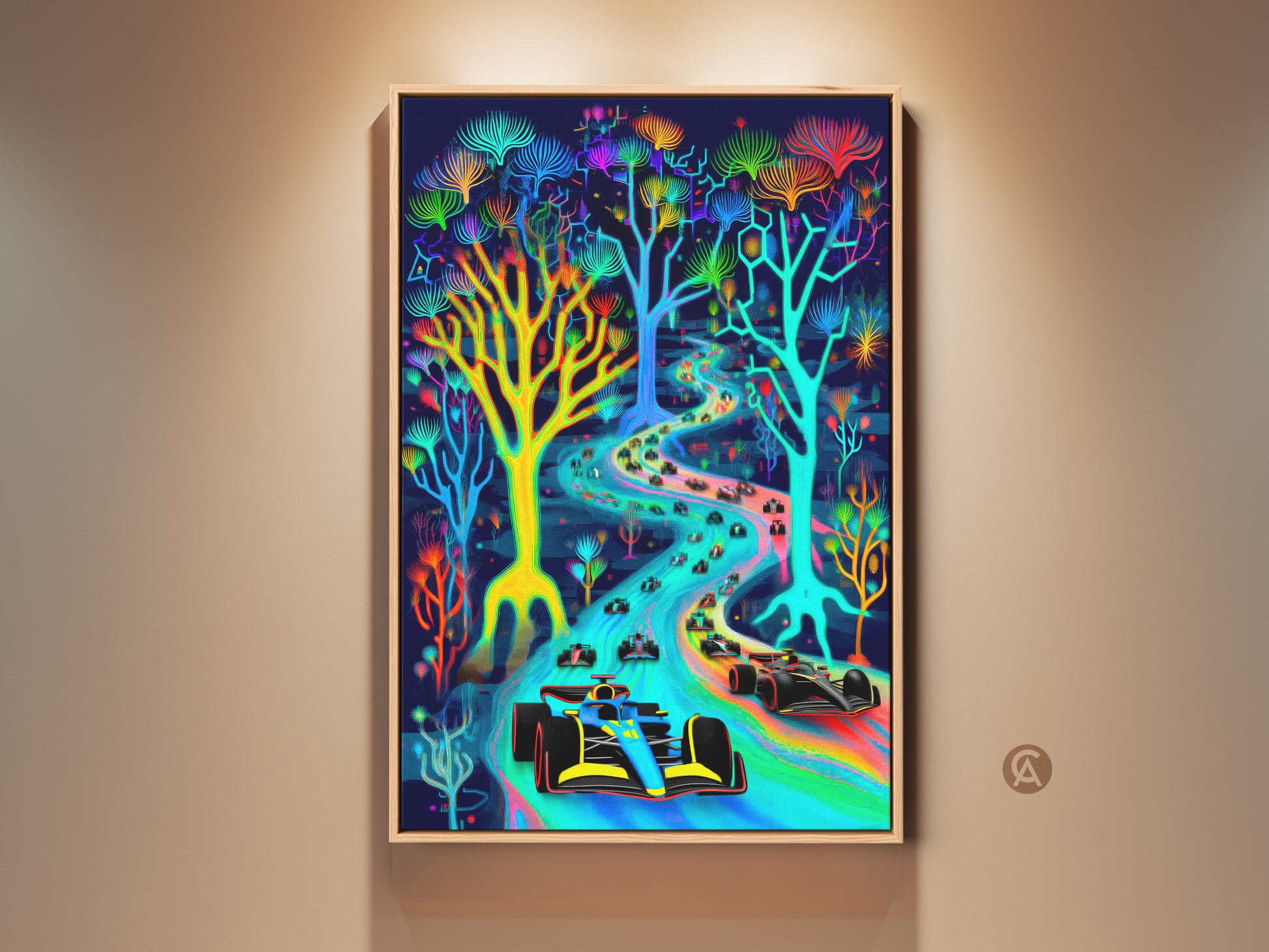 Immerse yourself in this abstract neon Formula 1 artwork. A vaporwave race car navigates a psychedelic rainbow track. This canvas art adds an energetic touch to any space. Perfect as a gift for F1 fans or modern office decor. Experience this unique fusion of racing and eclectic artwork.