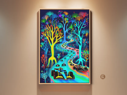 Immerse yourself in this abstract neon Formula 1 artwork. A vaporwave race car navigates a psychedelic rainbow track. This canvas art adds an energetic touch to any space. Perfect as a gift for F1 fans or modern office decor. Experience this unique fusion of racing and eclectic artwork.