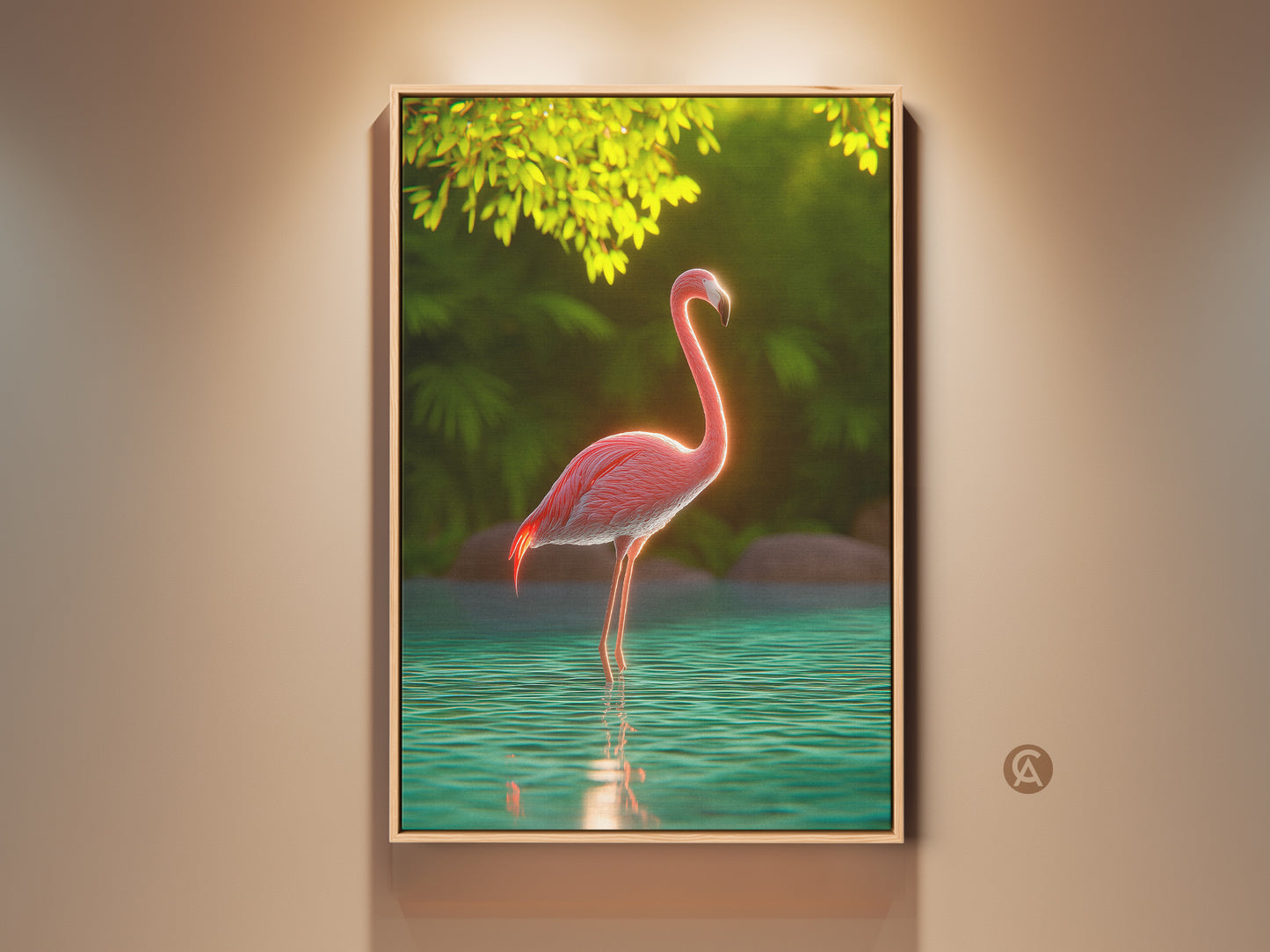 Pink Flamingo tropical artwork brings a vibrant touch to any room. This canvas wall art features a photorealistic flamingo in teal water. Lush greenery enhances the boho home decor style. Perfect gift for bird lovers seeking exotic animal art. Add a splash of paradise with this unique wall hanging.