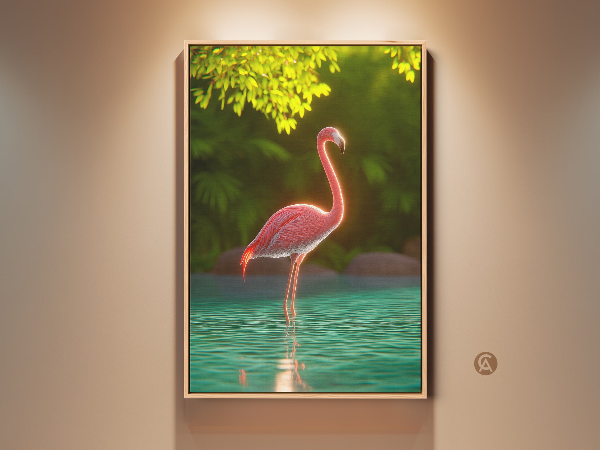 Pink Flamingo tropical artwork brings a vibrant touch to any room. This canvas wall art features a photorealistic flamingo in teal water. Lush greenery enhances the boho home decor style. Perfect gift for bird lovers seeking exotic animal art. Add a splash of paradise with this unique wall hanging.
