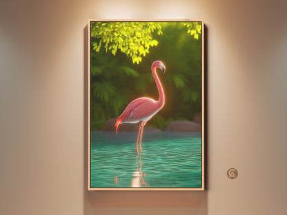 Pink Flamingo tropical artwork brings a vibrant touch to any room. This canvas wall art features a photorealistic flamingo in teal water. Lush greenery enhances the boho home decor style. Perfect gift for bird lovers seeking exotic animal art. Add a splash of paradise with this unique wall hanging.