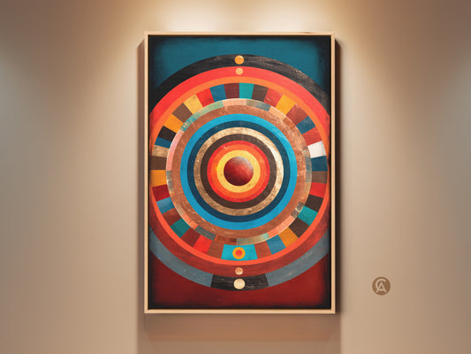 Modern concentric circle artwork in gold teal and crimson. Abstract expressionism canvas art adds an eclectic touch. Radiating patterns create a unique home decor piece for an art enthusiast present. Perfect for eclectic living room decor or a housewarming gift. Its vivid color wall art brings modern artistry.