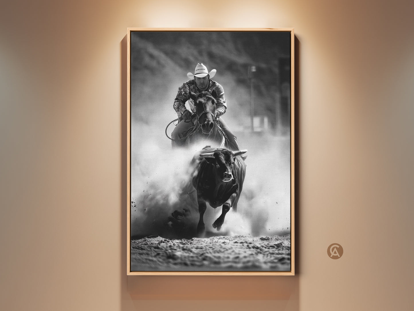 Black and white rodeo art capturing a bull riding canvas print. See the western cowboy wall art perfect for a man cave. This rustic ranch art print showcases action sports photography. A rodeo fan gift idea of equestrian wall decor and cowboy horse art.