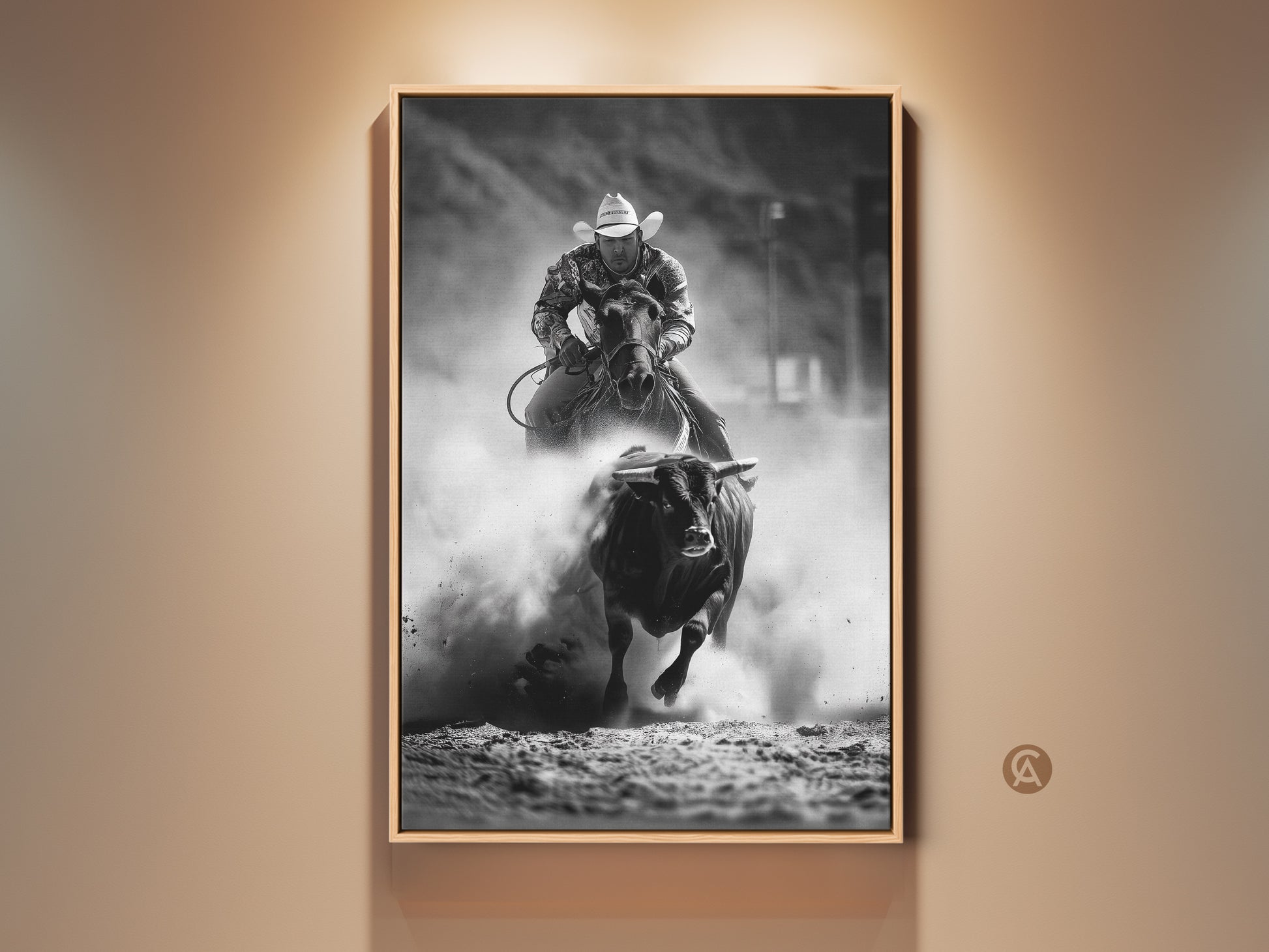 Black and white rodeo art capturing a bull riding canvas print. See the western cowboy wall art perfect for a man cave. This rustic ranch art print showcases action sports photography. A rodeo fan gift idea of equestrian wall decor and cowboy horse art.