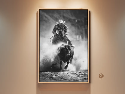Black and white rodeo art capturing a bull riding canvas print. See the western cowboy wall art perfect for a man cave. This rustic ranch art print showcases action sports photography. A rodeo fan gift idea of equestrian wall decor and cowboy horse art.