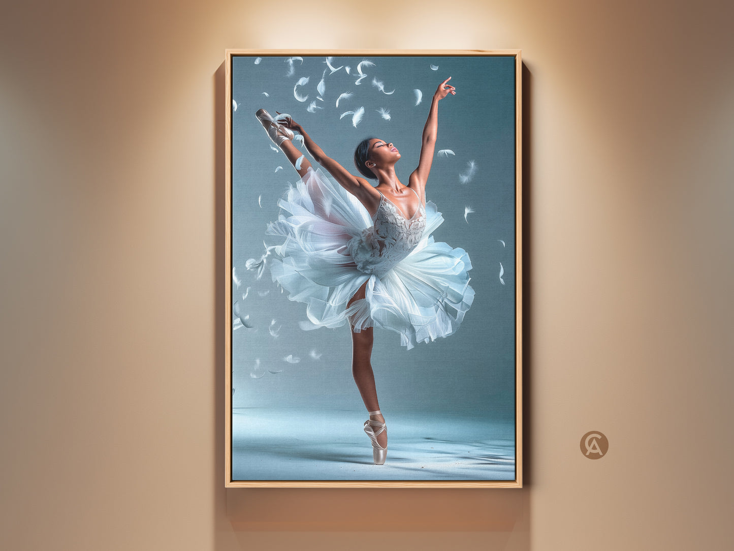 Framed ballerina artwork. A ballerina in a white tutu poses gracefully. Feathers float around her. This framed canvas art is perfect for dance lovers. The floating frame adds a touch of elegance to this beautiful piece.