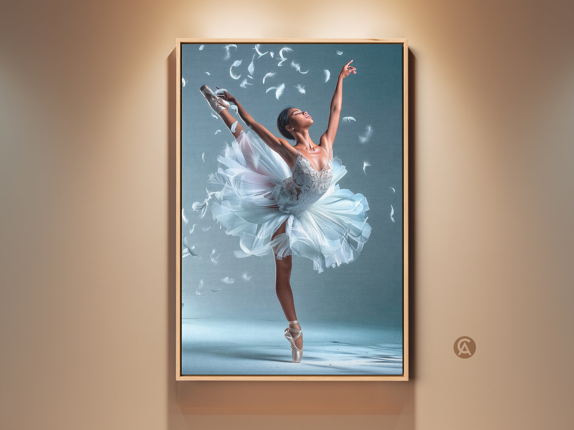 Framed ballerina artwork. A ballerina in a white tutu poses gracefully. Feathers float around her. This framed canvas art is perfect for dance lovers. The floating frame adds a touch of elegance to this beautiful piece.