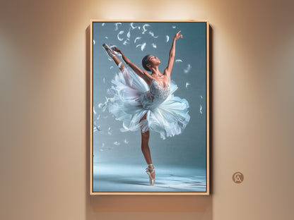 Framed ballerina artwork. A ballerina in a white tutu poses gracefully. Feathers float around her. This framed canvas art is perfect for dance lovers. The floating frame adds a touch of elegance to this beautiful piece.