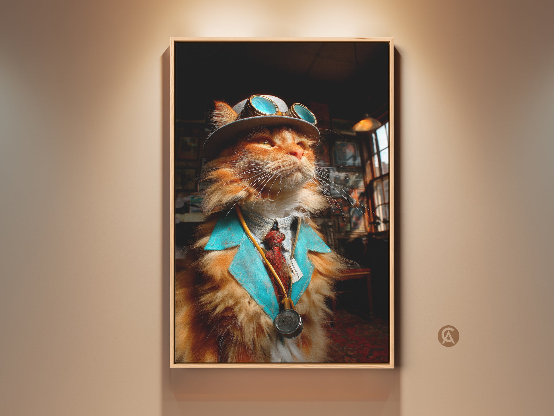 Framed artwork featuring a ginger cat dressed as a steampunk doctor. The cat wears a hat and goggles. A turquoise jacket and tie complete the outfit. The art piece adds quirky charm to any room.