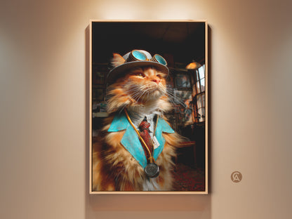 Framed artwork featuring a ginger cat dressed as a steampunk doctor. The cat wears a hat and goggles. A turquoise jacket and tie complete the outfit. The art piece adds quirky charm to any room.