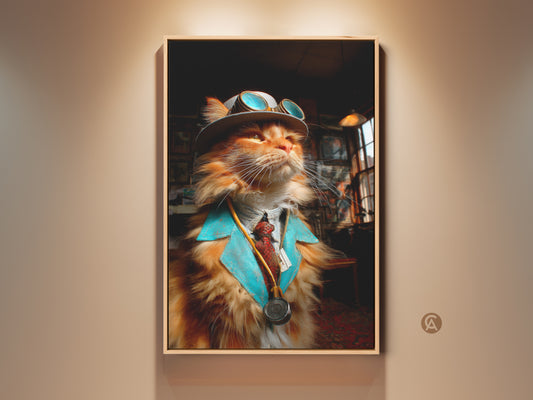 Framed artwork featuring a ginger cat dressed as a steampunk doctor. The cat wears a hat and goggles. A turquoise jacket and tie complete the outfit. The art piece adds quirky charm to any room.