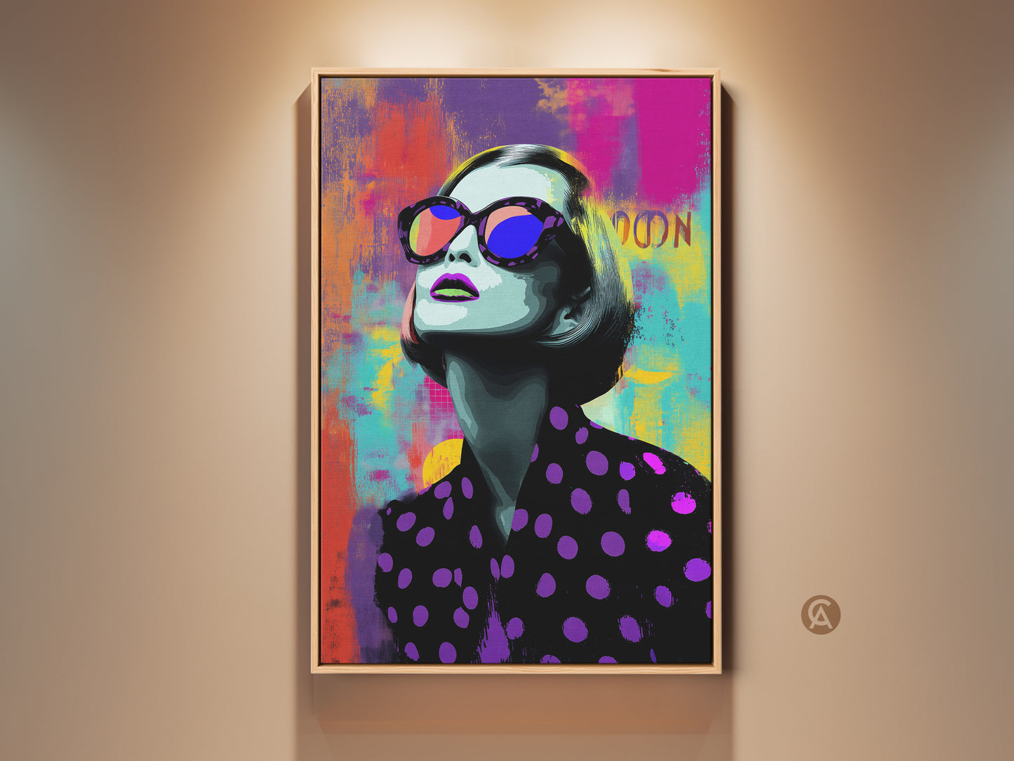 Pop Art woman canvas print displayed in a room setting. This artwork features a woman with sunglasses in purple pink and teal tones. It is a modern portrait artwork perfect for chic home decor.