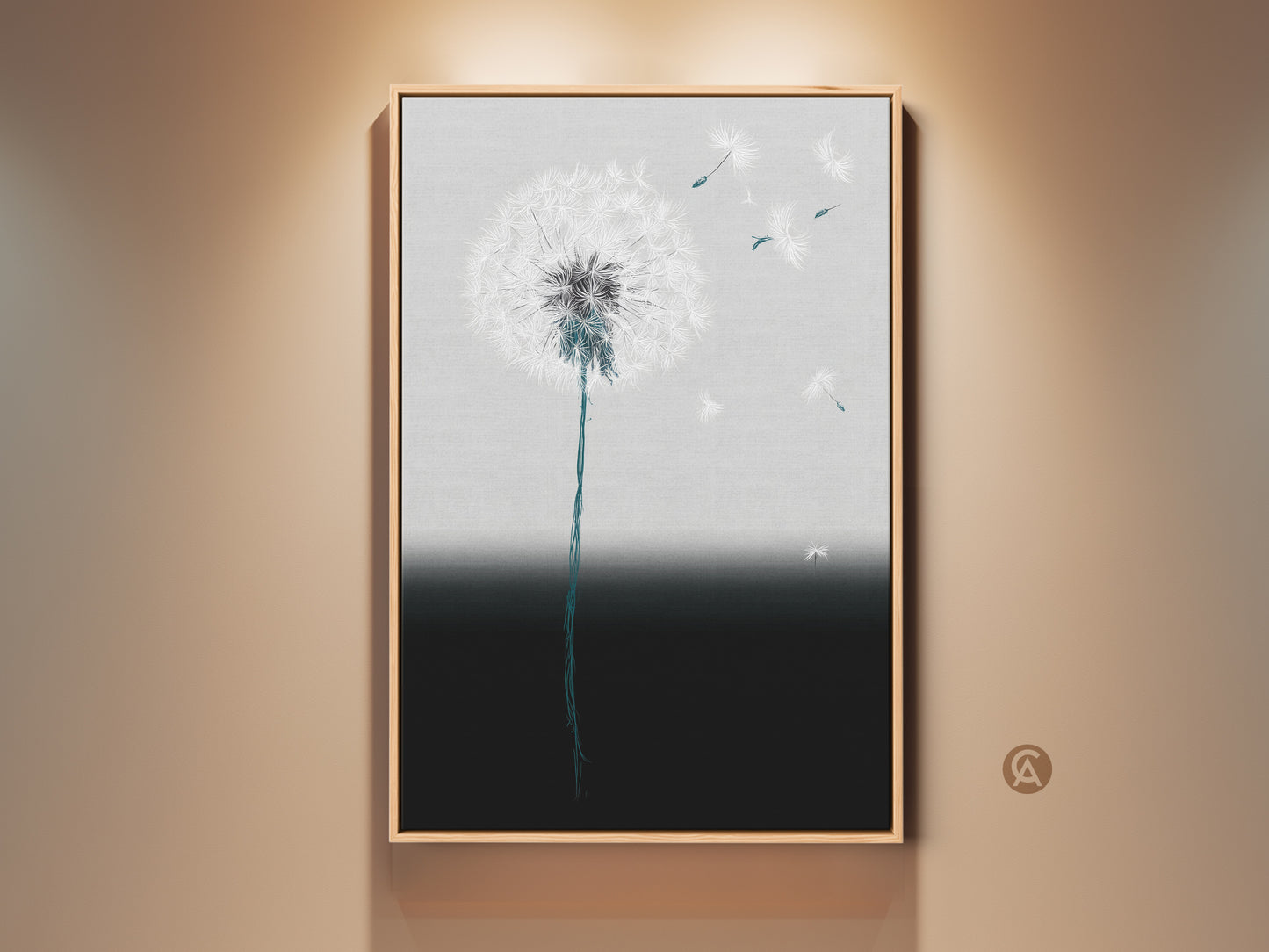 Framed minimalist dandelion art print. It features botanical line artwork on canvas. The teal gray seed floats elegantly on the wall. This contemporary piece adds a touch of nature to any room. Perfect as modern decor for plant lovers. It brings a calming touch to your home.