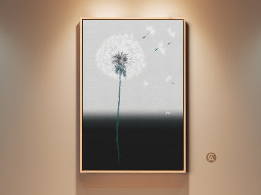 Framed minimalist dandelion art print. It features botanical line artwork on canvas. The teal gray seed floats elegantly on the wall. This contemporary piece adds a touch of nature to any room. Perfect as modern decor for plant lovers. It brings a calming touch to your home.