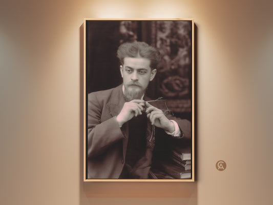 A vintage man portrait canvas print is displayed in a room setting. This sepia tone office decor shows a man holding glasses. The traditional study wall art is a great gift for book lovers.