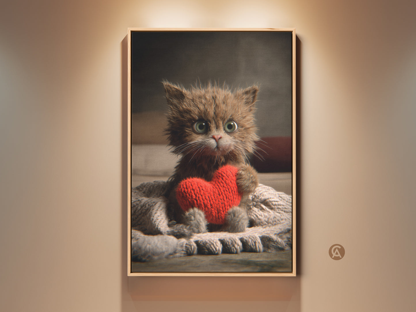 Photorealistic kitten art print in a frame. It features an adorable kitten clutching a bright red heart. The warm brown and red tones add love and comfort to any room. This artwork is perfect for cat lovers bedroom wall decor.