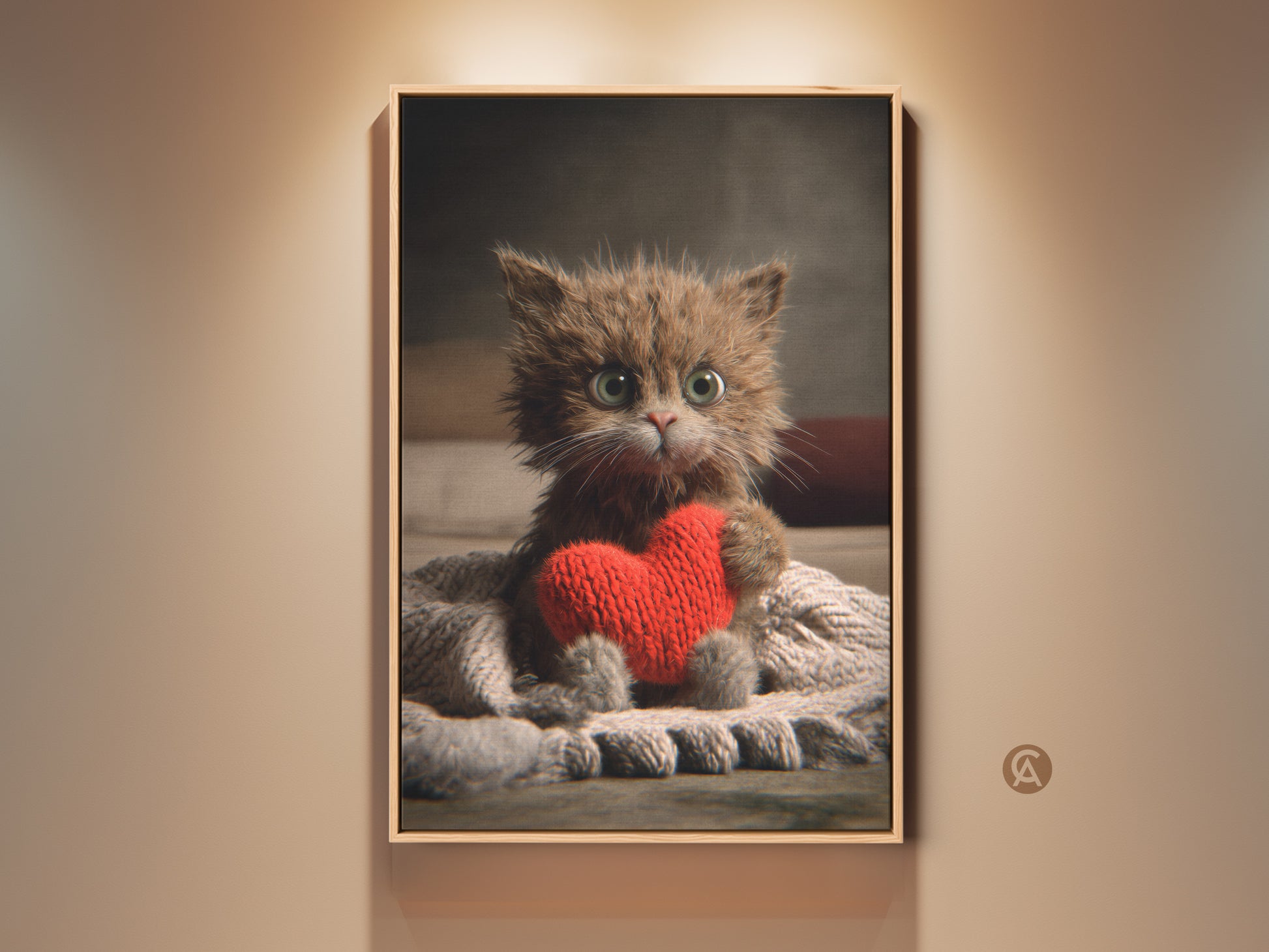 Photorealistic kitten art print in a frame. It features an adorable kitten clutching a bright red heart. The warm brown and red tones add love and comfort to any room. This artwork is perfect for cat lovers bedroom wall decor.