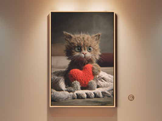 Photorealistic kitten art print in a frame. It features an adorable kitten clutching a bright red heart. The warm brown and red tones add love and comfort to any room. This artwork is perfect for cat lovers bedroom wall decor.