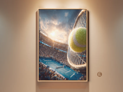 Framed artwork of a tennis ball hitting a racket. The artwork captures the energy of a tennis match. The crowd is cheering in the background. The artwork is displayed in a room with warm lighting.