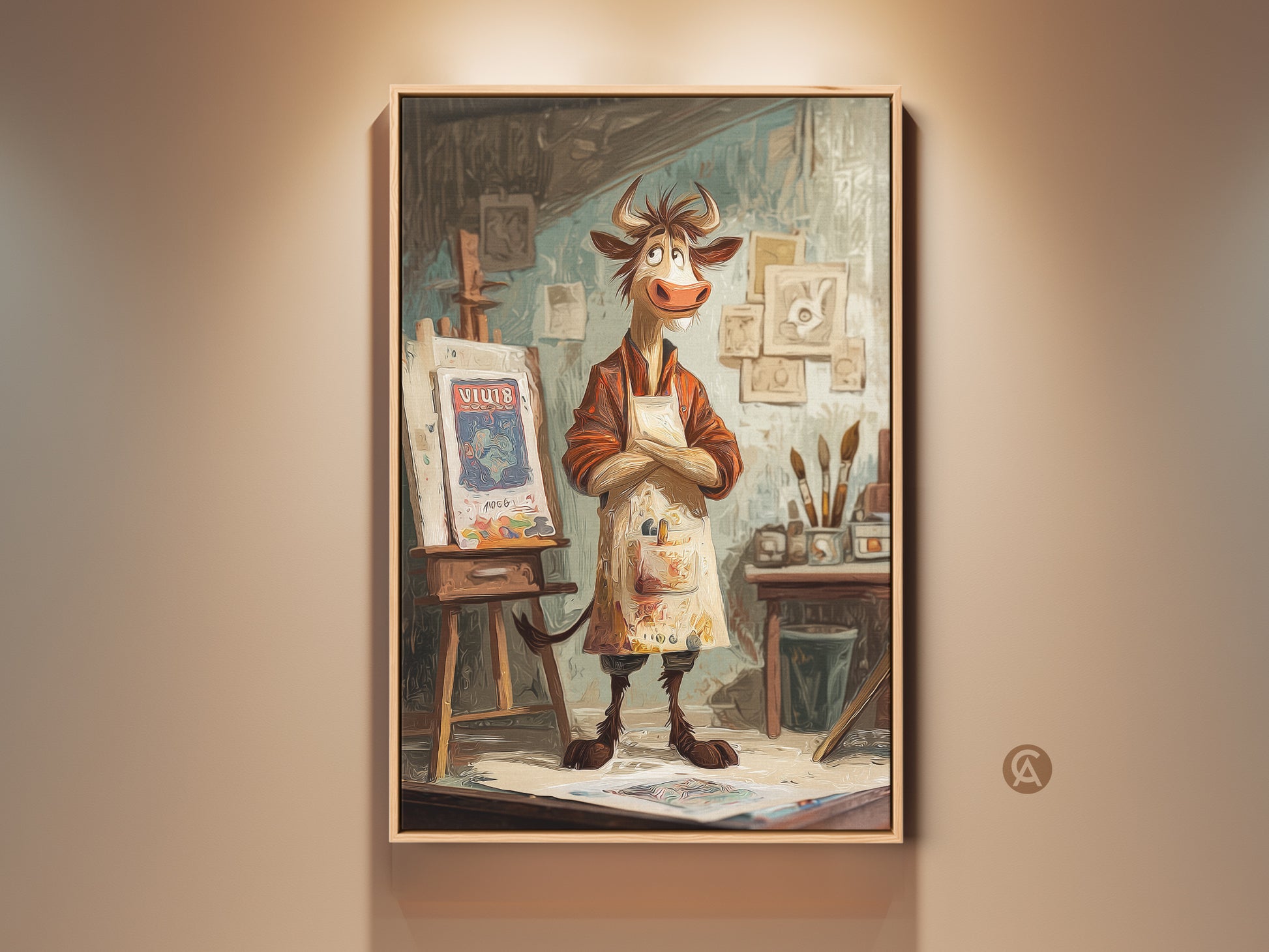 Charming cartoon cow artist print displayed in a frame. The eclectic studio wall art features a whimsical easel canvas. This animal art is perfect for art lovers. A unique birthday gift idea. The artwork showcases warm browns oranges and blues.