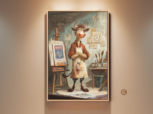 Charming cartoon cow artist print displayed in a frame. The eclectic studio wall art features a whimsical easel canvas. This animal art is perfect for art lovers. A unique birthday gift idea. The artwork showcases warm browns oranges and blues.