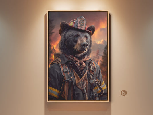 Heroic Bear Firefighter art print displayed in a minimalist room. This fantasy animal wall art adds an eclectic touch to any office or home. A unique firefighter gift idea shown in a home setting.
