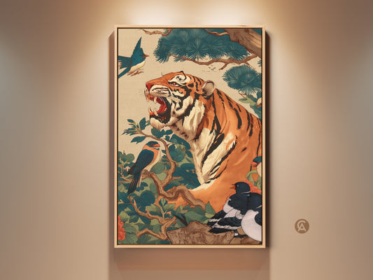 Ukiyo-e tiger and bird art print in a floating frame. The artwork adds eclectic orange and teal home decor. Vintage wildlife nature wall art enhances any room. A captivating piece for study or office.