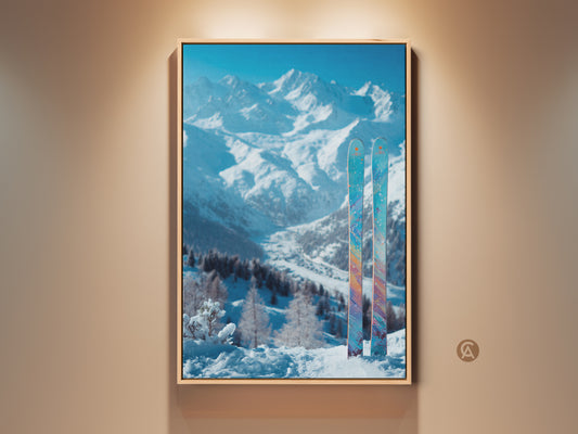 Framed canvas artwork featuring a snowy mountain range. Two decorated skis stand in the snow. A serene winter landscape art piece. Perfect wall decor for ski enthusiasts. The print is displayed in a stylish frame. It enhances the beauty of the mountain scene.