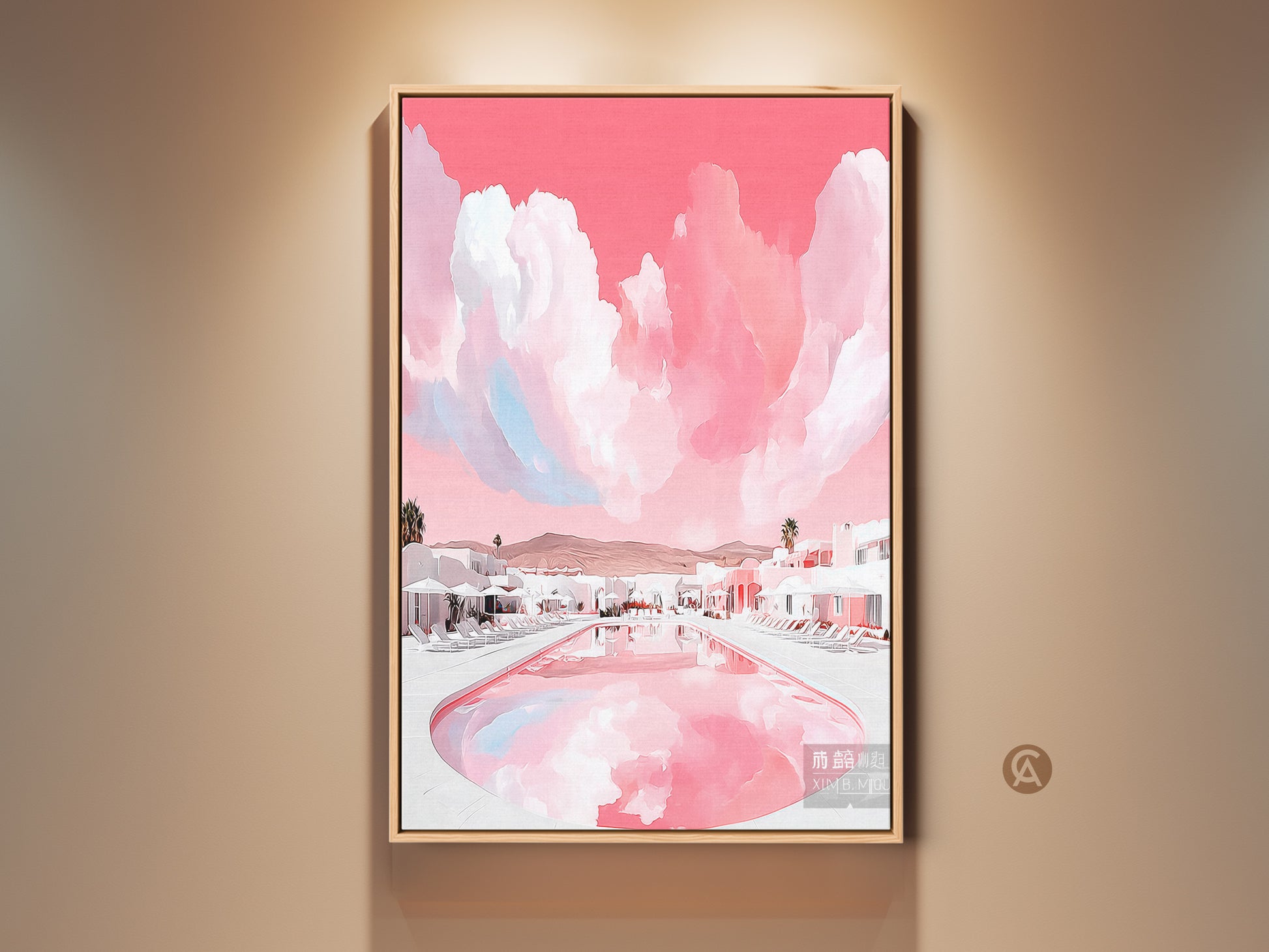 Framed pink resort canvas art hanging on a beige wall. This modern abstract landscape print features a tranquil poolside scene. The contemporary artwork adds a touch of luxury and vacation vibes to any home decor Travel Lover Gift