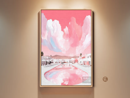 Framed pink resort canvas art hanging on a beige wall. This modern abstract landscape print features a tranquil poolside scene. The contemporary artwork adds a touch of luxury and vacation vibes to any home decor Travel Lover Gift