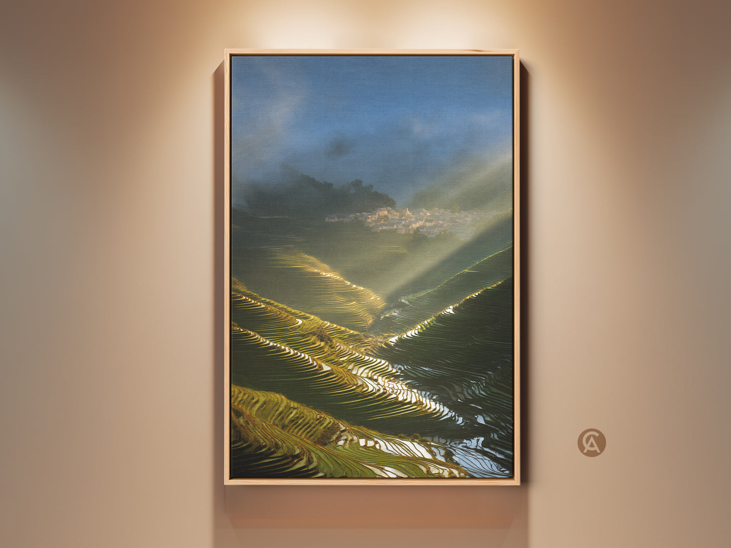 Framed Photorealistic Terrace Fields Canvas Print featuring golden sunbeams. A village scene and blue green landscape art enhance modern farmhouse wall decor. This cinematic artwork brings tranquility to any room.