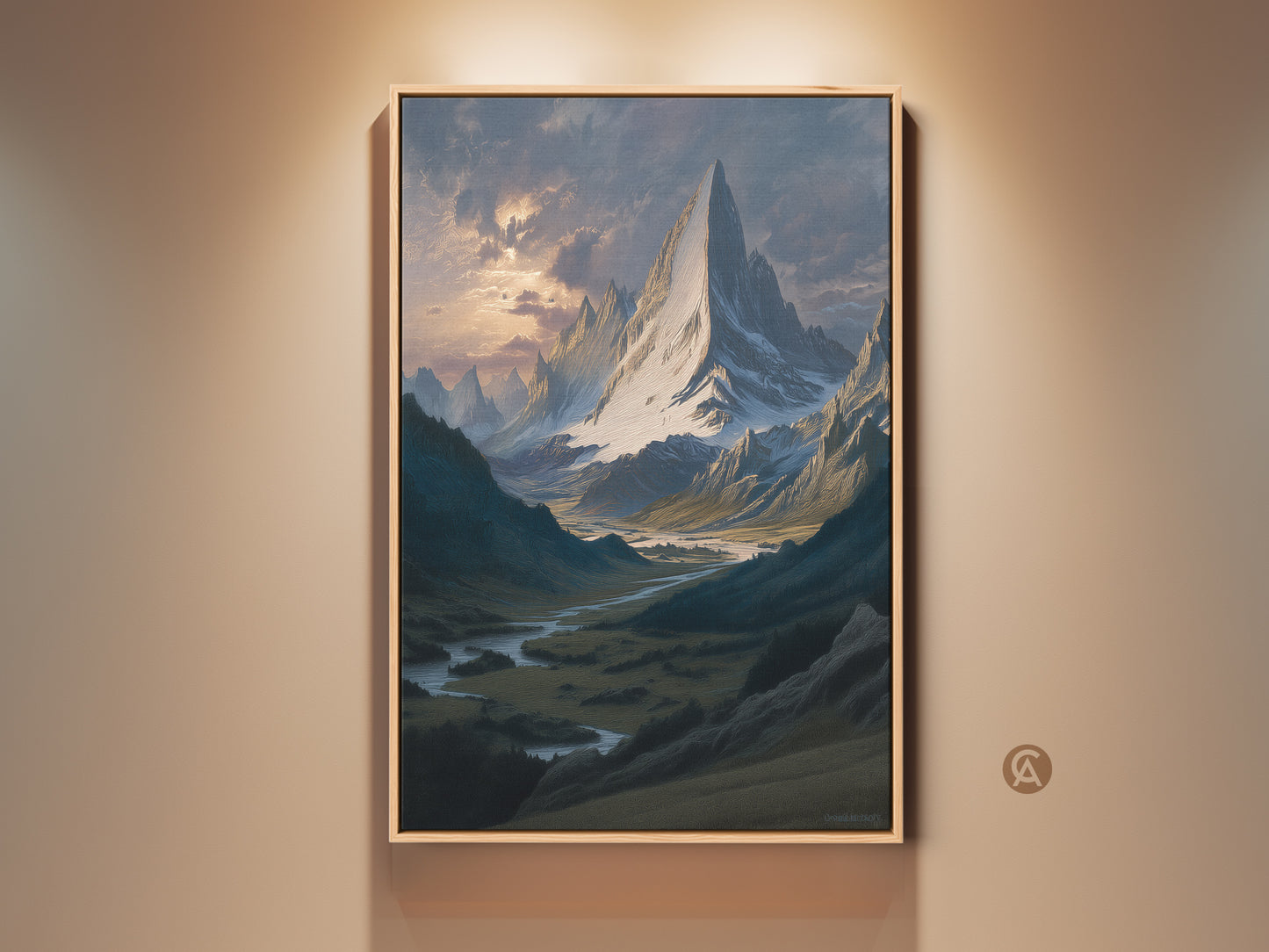 Framed snowy mountain canvas art. It shows a river valley landscape print. This painterly mountain artwork is traditional. The decor is blue gray nature art. This is a great housewarming gift for him. Add outdoor adventure wall art to your home.
