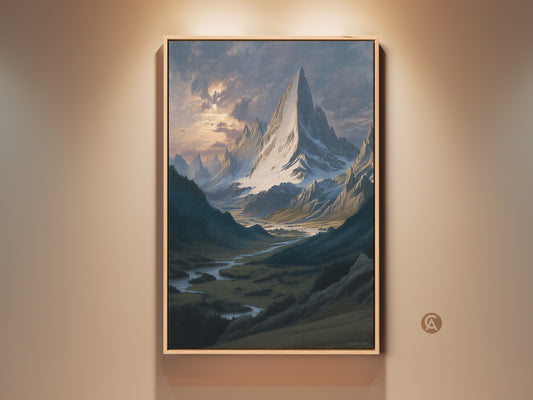 Framed snowy mountain canvas art. It shows a river valley landscape print. This painterly mountain artwork is traditional. The decor is blue gray nature art. This is a great housewarming gift for him. Add outdoor adventure wall art to your home.