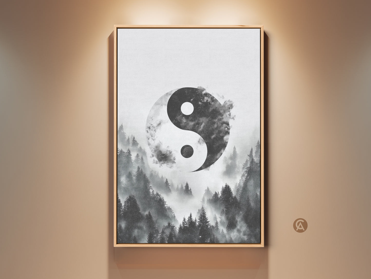 Framed minimalist Yin Yang wall art features a misty forest canvas print. This monochrome nature artwork offers zen spiritual home decor. The black frame enhances this contemporary piece.
