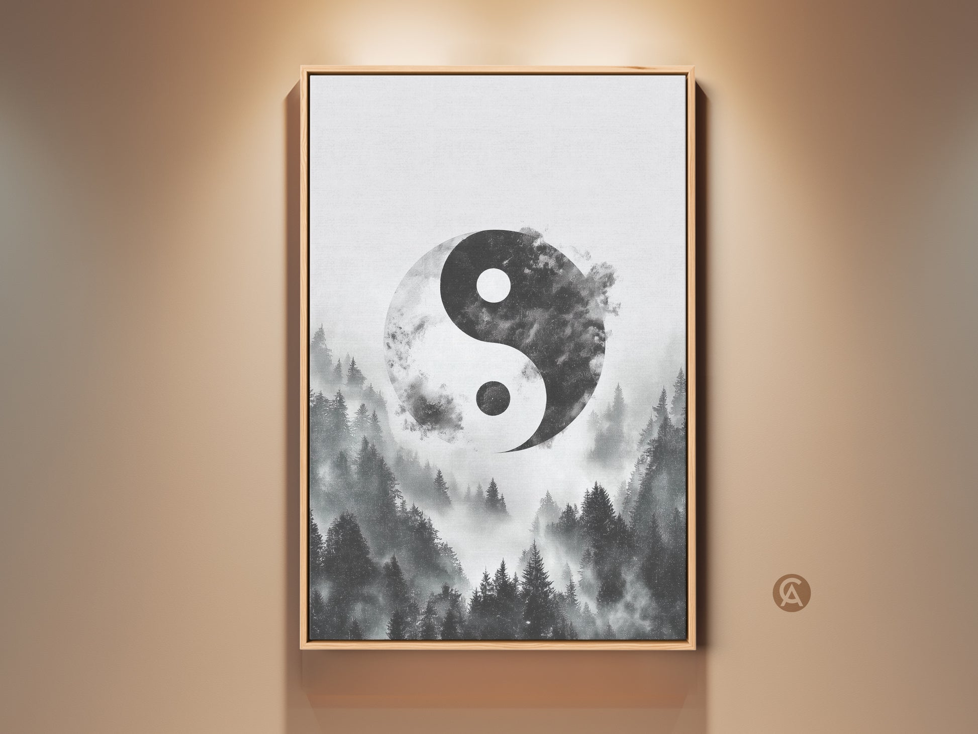 Framed minimalist Yin Yang wall art features a misty forest canvas print. This monochrome nature artwork offers zen spiritual home decor. The black frame enhances this contemporary piece.