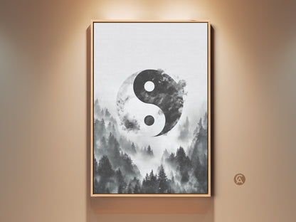 Framed minimalist Yin Yang wall art features a misty forest canvas print. This monochrome nature artwork offers zen spiritual home decor. The black frame enhances this contemporary piece.