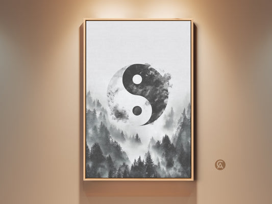 Framed minimalist Yin Yang wall art features a misty forest canvas print. This monochrome nature artwork offers zen spiritual home decor. The black frame enhances this contemporary piece.