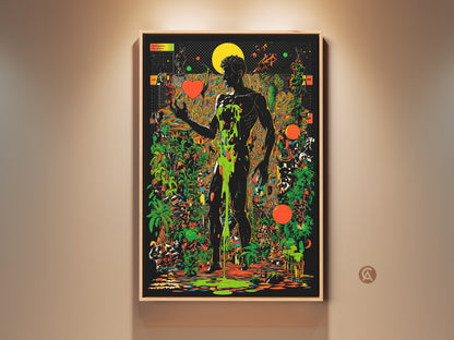 Surreal man art print with psychedelic botanicals. A trippy figurative canvas in black orange and green. The abstract artwork features a man in nature. Eclectic home decor and unique wall hanging with a black background.