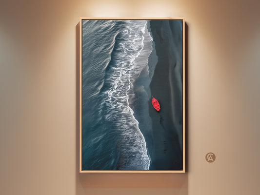 Framed minimalist ocean art. Aerial view of deep teal coastal waves and a striking red boat artwork. Perfect beach wall decor for coastal homes. The print brings modern seascape serenity to any room. A great housewarming gift for ocean lovers.