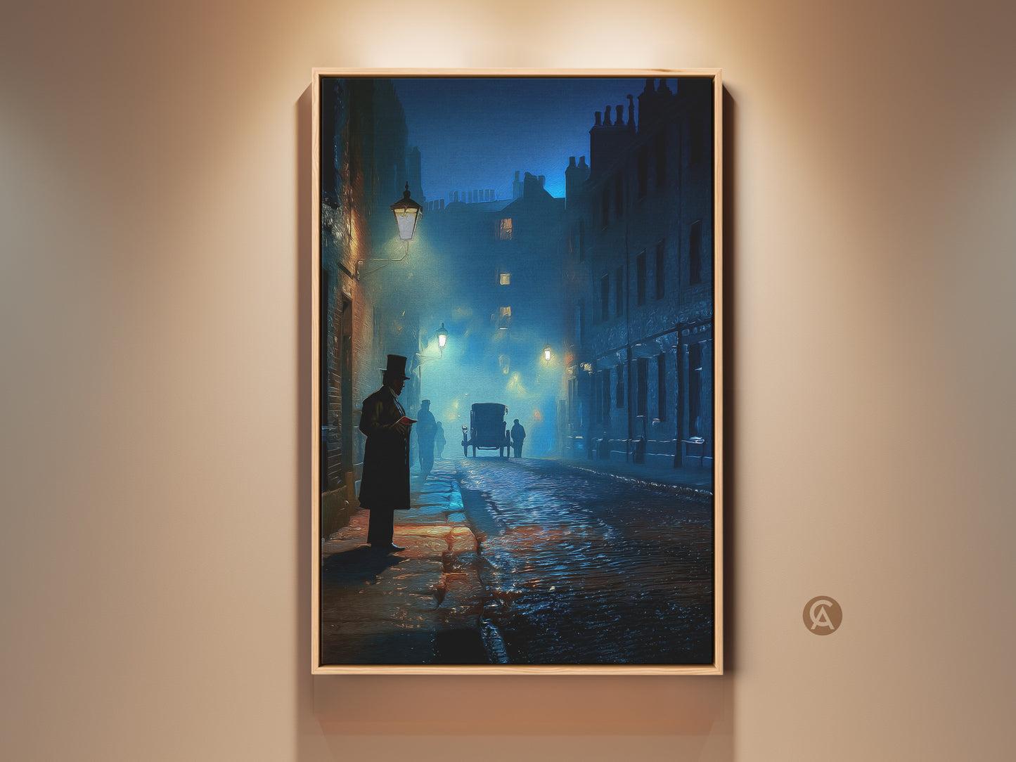 Victorian street scene art print in a wooden frame. The artwork features a horse carriage on a wet street at night. Gothic dark academia wall art for study or office. The navy teal blue adds elegance to any room. A great housewarming gift idea.