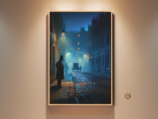 Victorian street scene art print in a wooden frame. The artwork features a horse carriage on a wet street at night. Gothic dark academia wall art for study or office. The navy teal blue adds elegance to any room. A great housewarming gift idea.