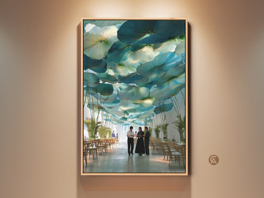 Modern botanical wall art adorns a restaurant. Teal and green lotus leaves create a surreal canopy. Contemporary art enhances dining room decor. This canvas print is a unique housewarming gift. The abstract nature print adds elegance to any space.