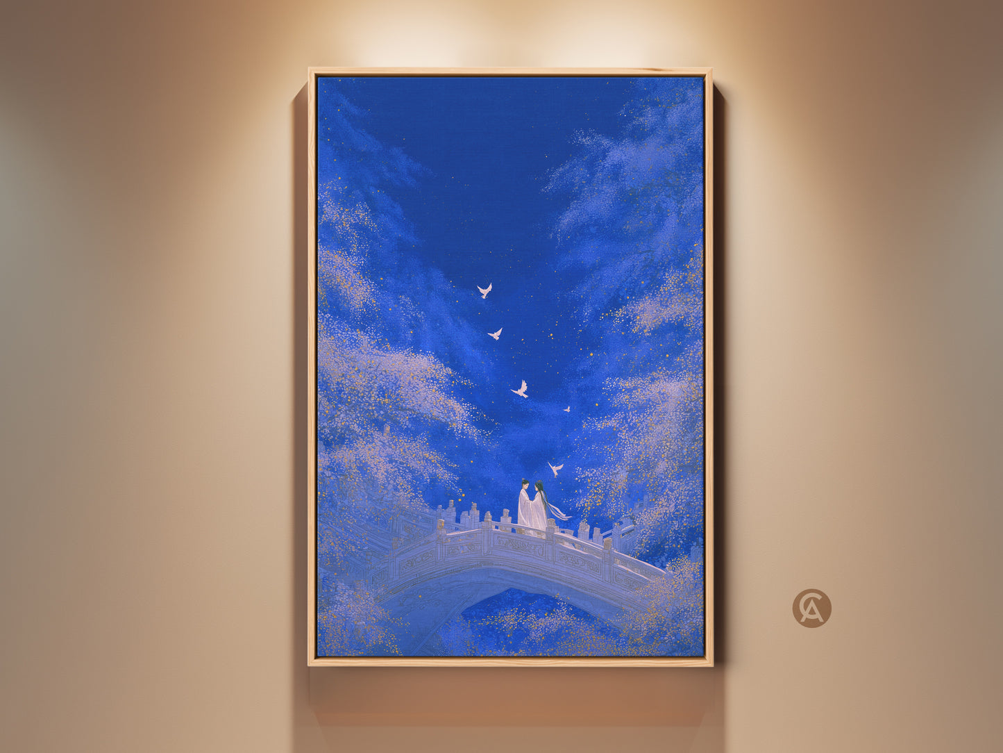 Romantic Couple on Bridge Art Print. This dreamy celestial fantasy wall decor features a deep blue and gold color palette. It's an ideal anniversary gift for couples. The artwork adds magic and romance to any bedroom or living space.