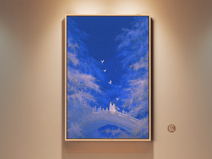 Romantic Couple on Bridge Art Print. This dreamy celestial fantasy wall decor features a deep blue and gold color palette. It's an ideal anniversary gift for couples. The artwork adds magic and romance to any bedroom or living space.
