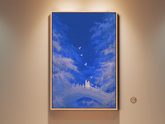 Romantic Couple on Bridge Art Print. This dreamy celestial fantasy wall decor features a deep blue and gold color palette. It's an ideal anniversary gift for couples. The artwork adds magic and romance to any bedroom or living space.