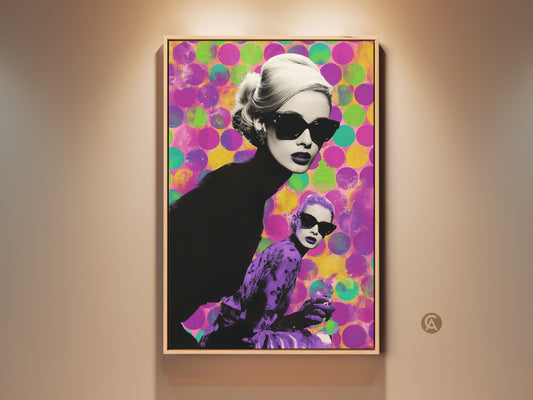 Pop Art Canvas Print displayed in a living room setting. The artwork features a stylish woman in sunglasses against magenta purple and green circles. This retro fashion wall art adds an eclectic touch to home decor.