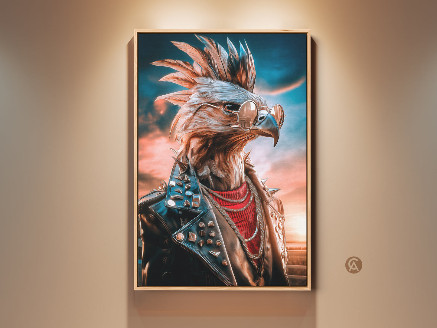 Rocker Eagle Canvas Artwork framed in a modern style. This punk rock animal print features an eagle with sunglasses and a studded leather jacket. A unique man cave gift with blue and orange wall decor. This is a cool music themed decor.